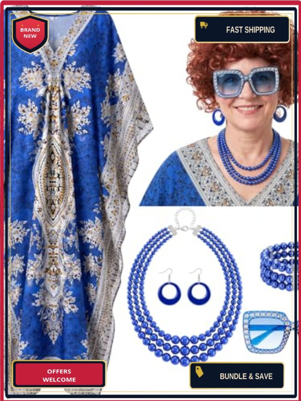 6 Pc Landlady Halloween Costume Set Kaftan Dress Wig Jewelry Sunglasses